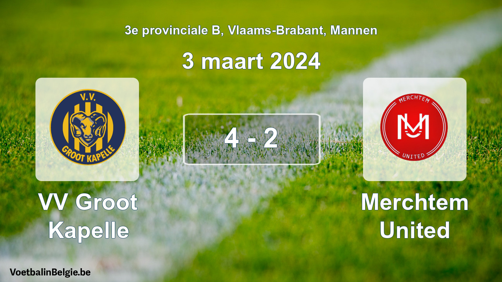 Gespeelde wedstrijd mannenvoetbal: VV Groot Kapelle - Merchtem United 4 - 2 (3 maart 2024)