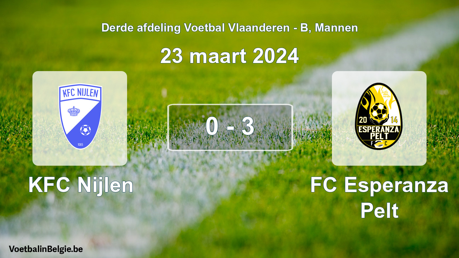 Gespeelde wedstrijd mannenvoetbal: KFC Nijlen - FC Esperanza Pelt 0 - 3 (23 maart 2024)