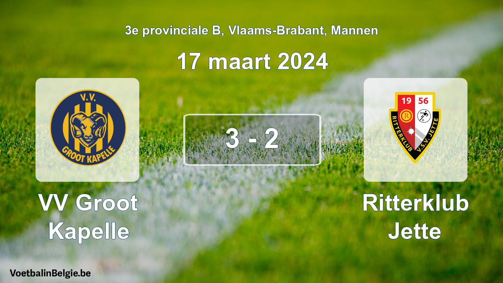 Gespeelde wedstrijd mannenvoetbal: VV Groot Kapelle - Ritterklub Jette 3 - 2 (17 maart 2024)