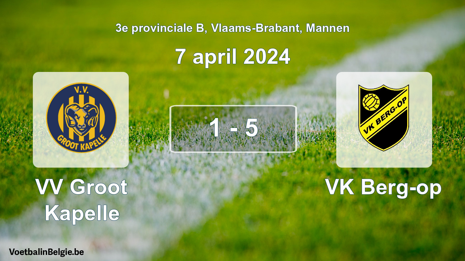 Gespeelde wedstrijd mannenvoetbal: VV Groot Kapelle - VK Berg-op 1 - 5 (7 april 2024)