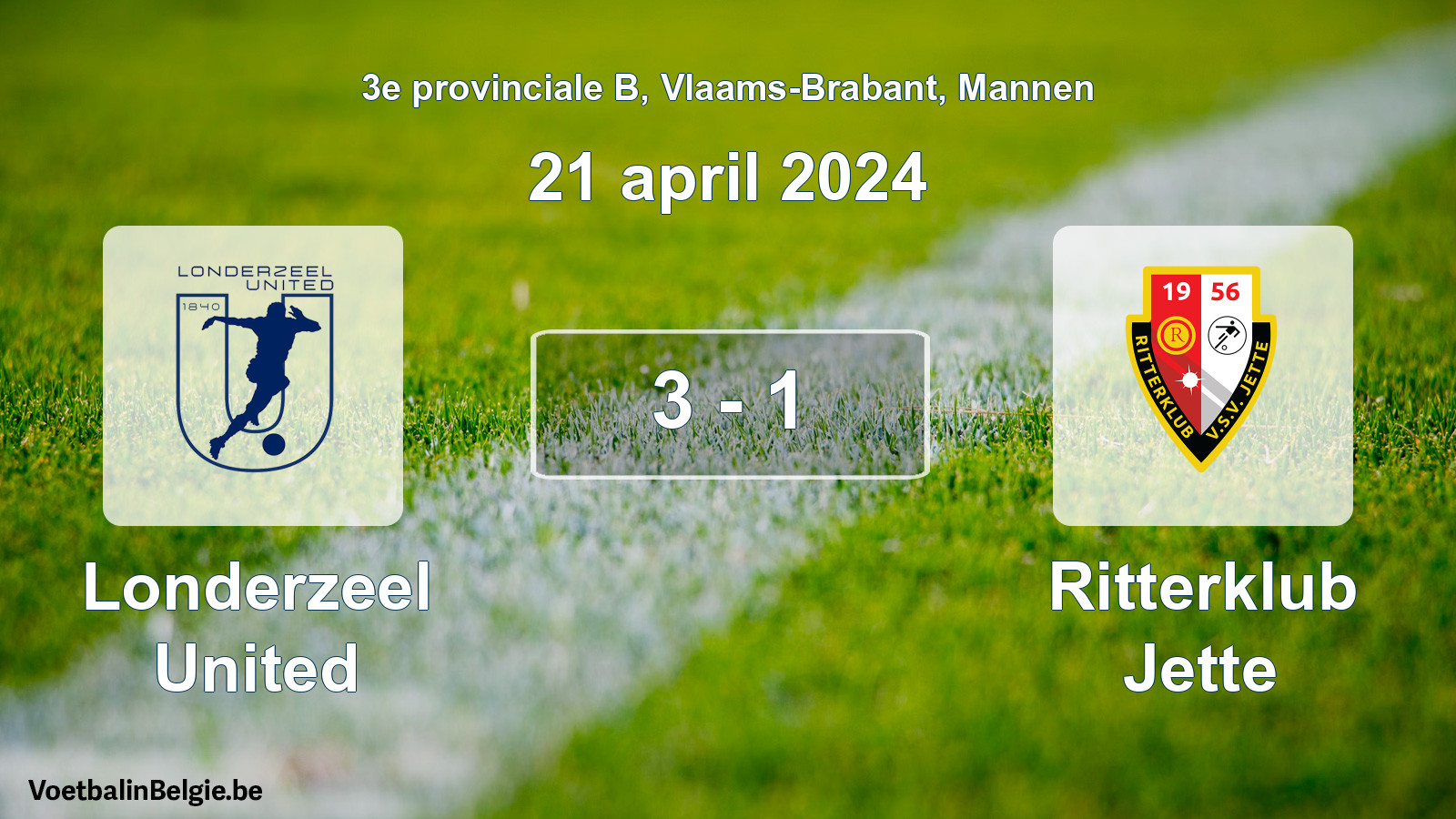 Gespeelde wedstrijd mannenvoetbal: Londerzeel United - Ritterklub Jette 3 - 1 (21 april 2024)
