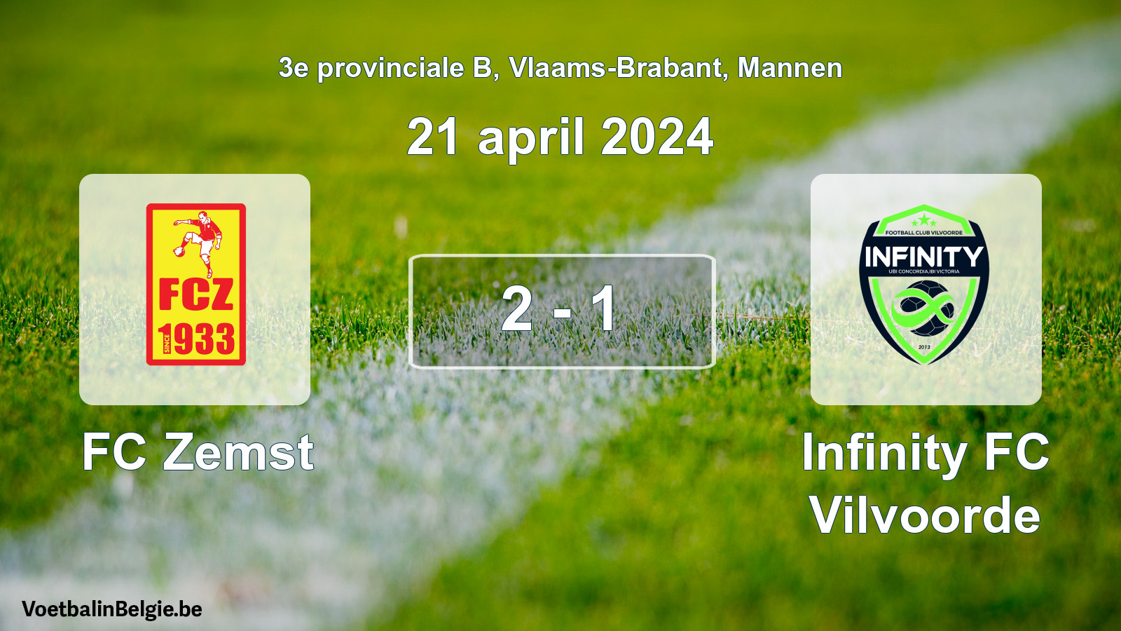 Gespeelde wedstrijd mannenvoetbal: FC Zemst - Infinity FC Vilvoorde 2 - 1 (21 april 2024)