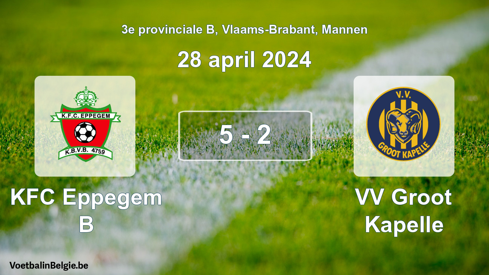 Gespeelde wedstrijd mannenvoetbal: KFC Eppegem B - VV Groot Kapelle 5 - 2 (28 april 2024)