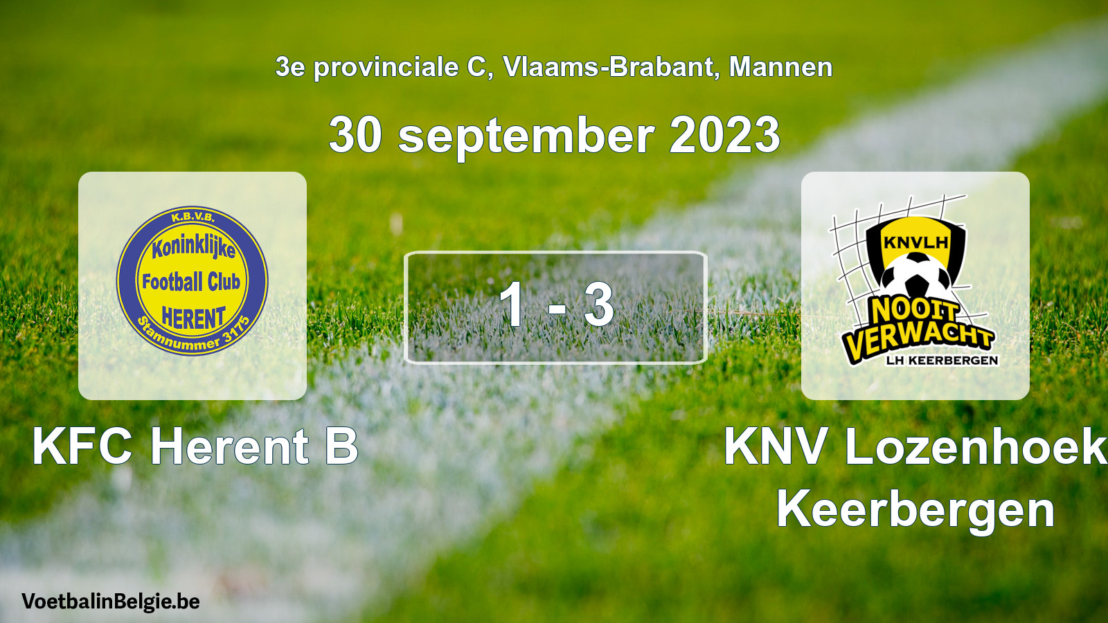 Gespeelde wedstrijd mannenvoetbal: KFC Herent B - KNV Lozenhoek Keerbergen 1 - 3 (30 september 2023)