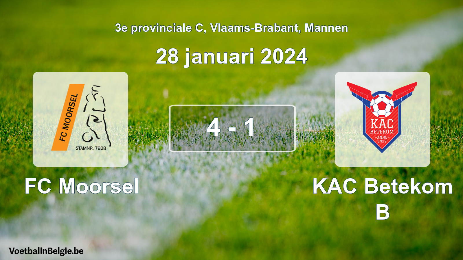 Gespeelde wedstrijd mannenvoetbal: FC Moorsel - KAC Betekom B 4 - 1 (28 januari 2024)
