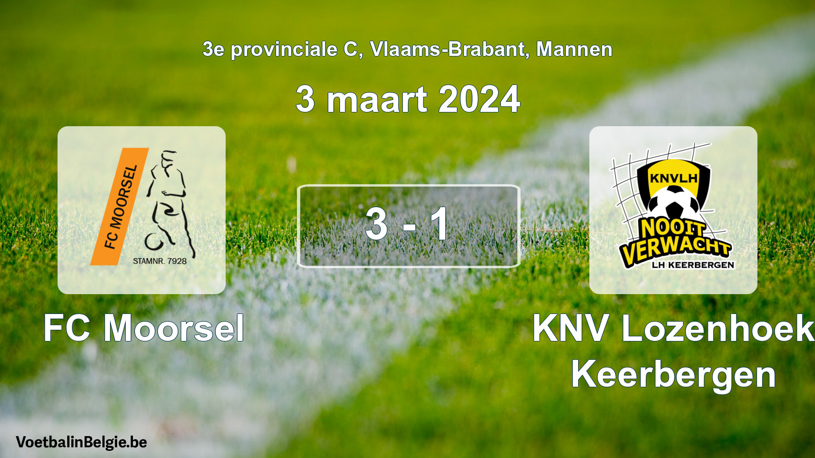 Gespeelde wedstrijd mannenvoetbal: FC Moorsel - KNV Lozenhoek Keerbergen 3 - 1 (3 maart 2024)