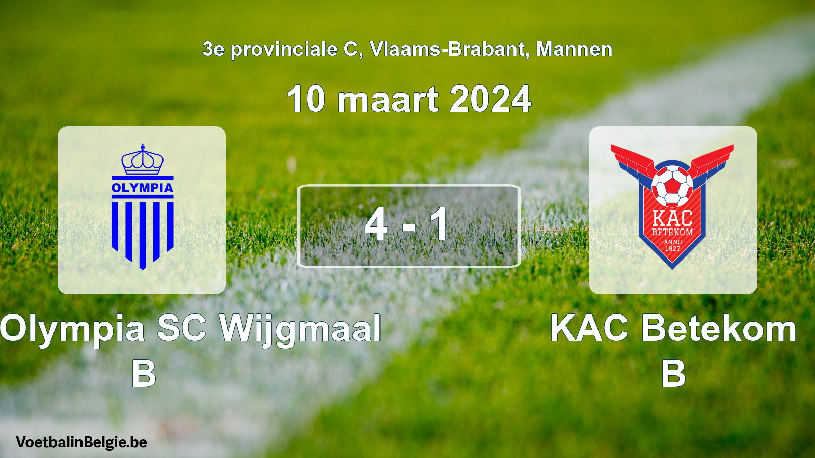 Gespeelde wedstrijd mannenvoetbal: Kon. Olympia SC Wijgmaal B - KAC Betekom B 4 - 1 (10 maart 2024)