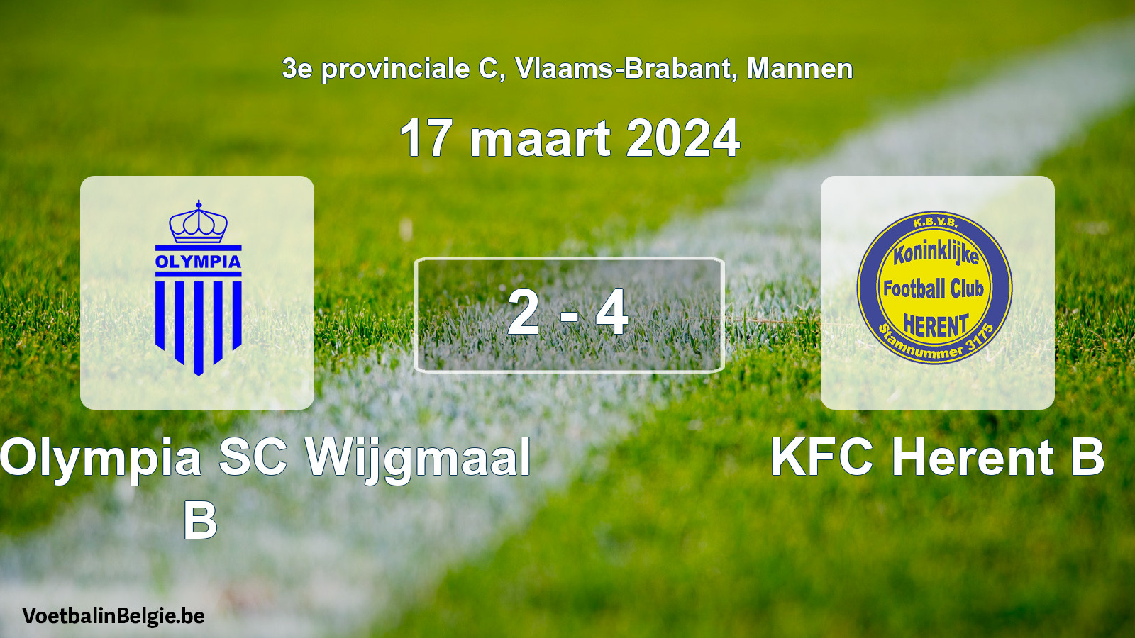 Gespeelde wedstrijd mannenvoetbal: Kon. Olympia SC Wijgmaal B - KFC Herent B 2 - 4 (17 maart 2024)