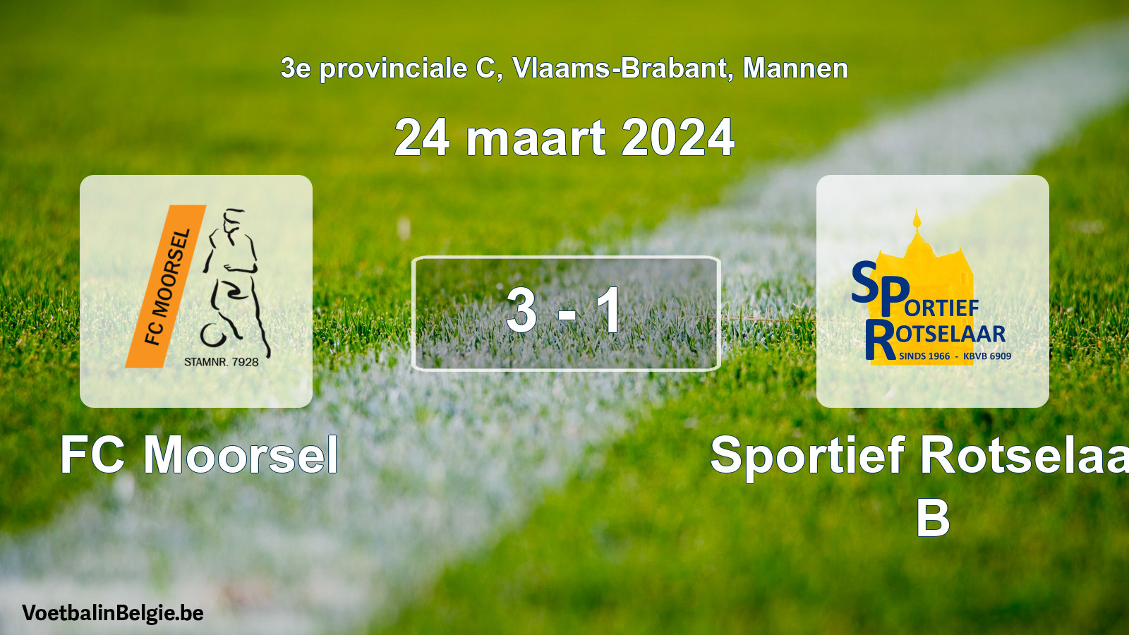 Gespeelde wedstrijd mannenvoetbal: FC Moorsel - Sportief Rotselaar B 3 - 1 (24 maart 2024)