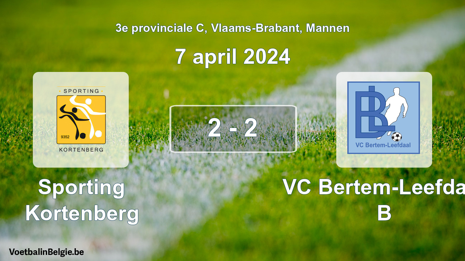Gespeelde wedstrijd mannenvoetbal: Sporting Kortenberg - VC Bertem-Leefdaal B 2 - 2 (7 april 2024)