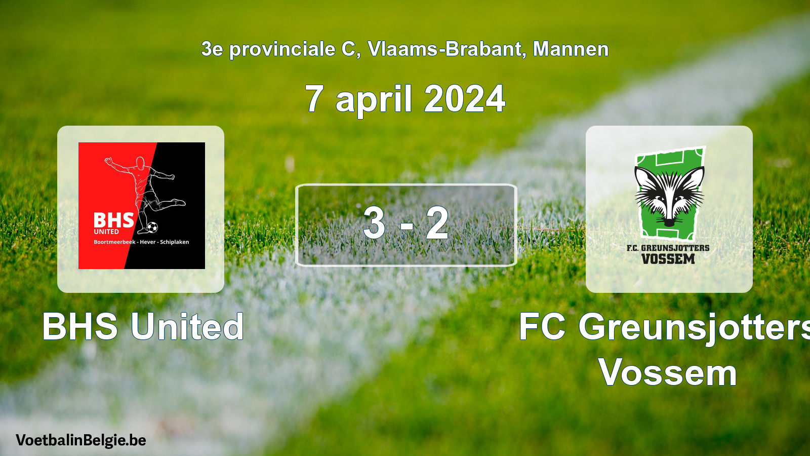 Gespeelde wedstrijd mannenvoetbal: BHS United - FC Greunsjotters Vossem 3 - 2 (7 april 2024)