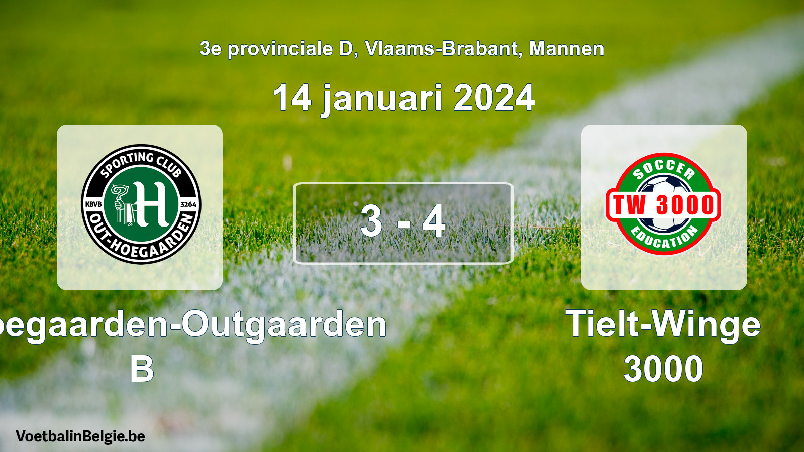 Gespieltes Spiel männer-Fußball: SC Hoegaarden-Outgaarden B - Tielt-Winge 3000 3 - 4 (14 Januar 2024)