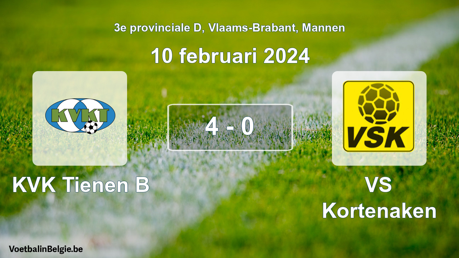 Gespeelde wedstrijd mannenvoetbal: KVK Tienen B - VS Kortenaken 4 - 0 (10 februari 2024)