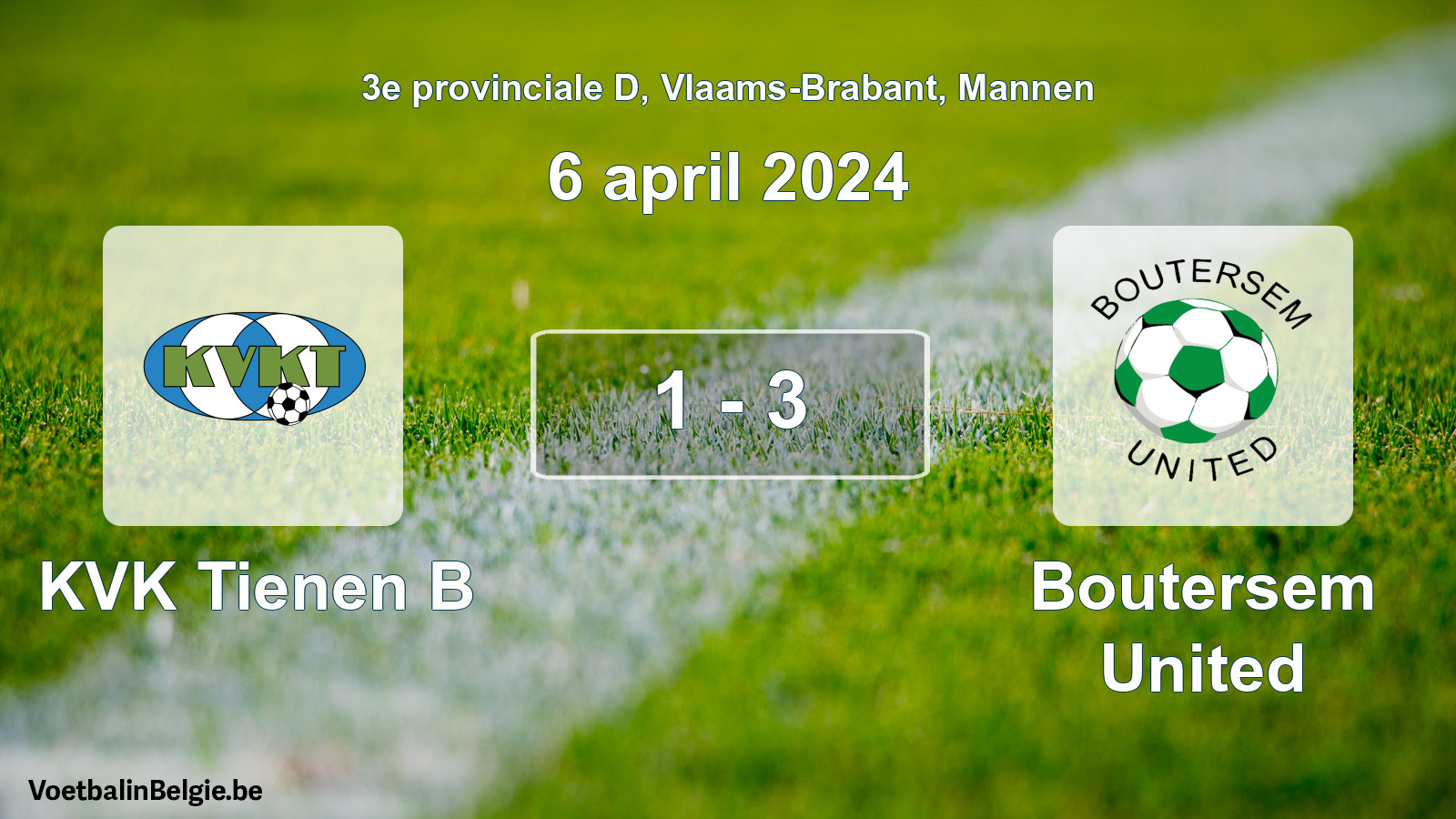 Gespeelde wedstrijd mannenvoetbal: KVK Tienen B - Boutersem United 1 - 3 (6 april 2024)
