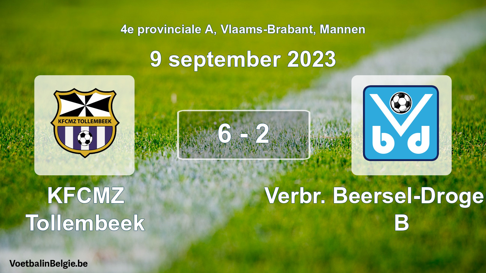 Gespeelde wedstrijd mannenvoetbal: KFCMZ Tollembeek - Verbr. Beersel-Drogenbos B 6 - 2 (9 september 2023)