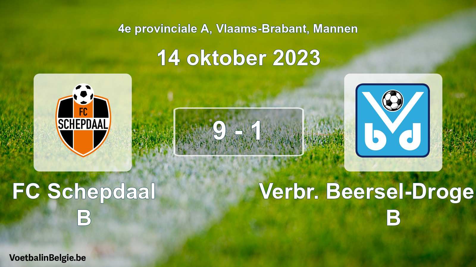 Gespeelde wedstrijd mannenvoetbal: FC Schepdaal B - Verbr. Beersel-Drogenbos B 9 - 1 (14 oktober 2023)