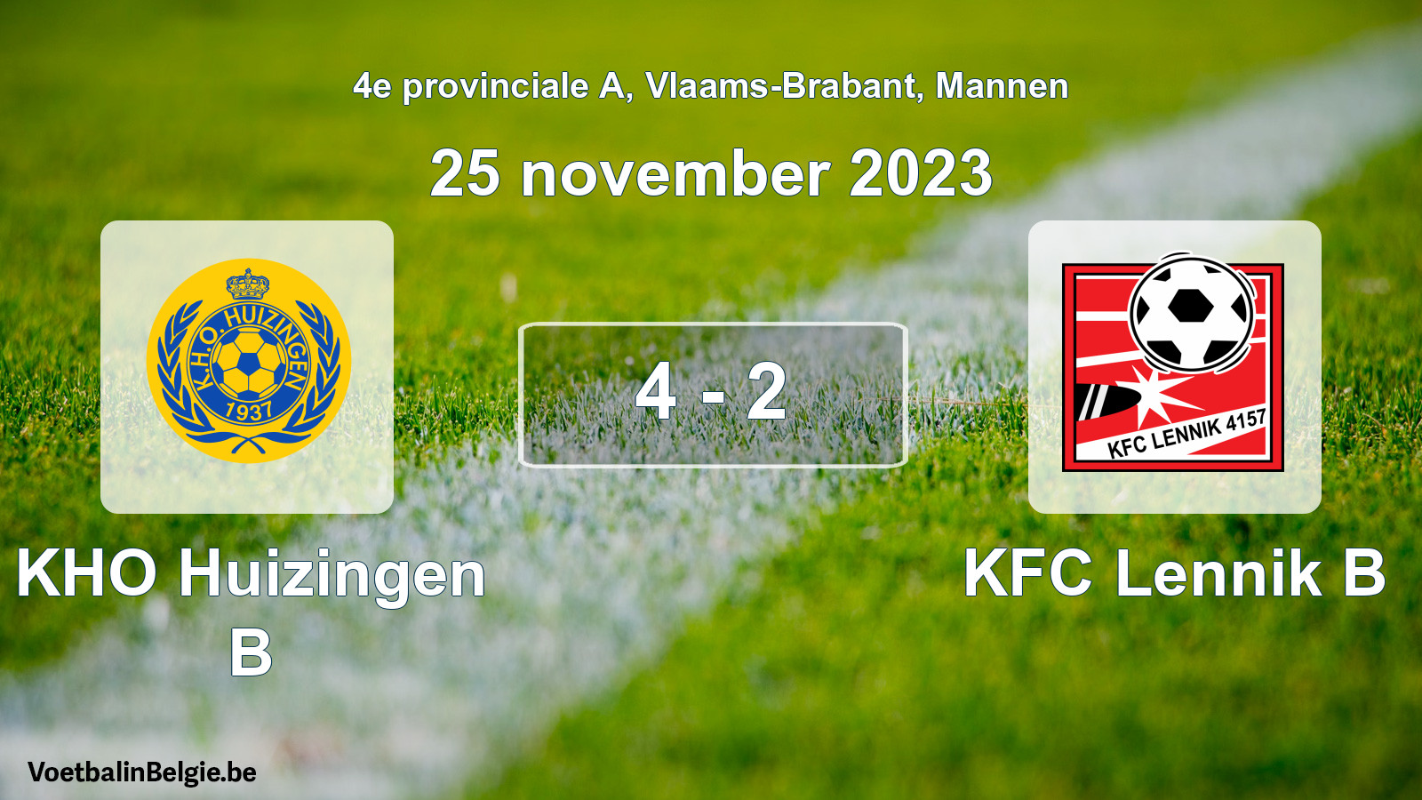 Gespeelde wedstrijd mannenvoetbal: KHO Huizingen B - KFC Lennik B 4 - 2 (25 november 2023)