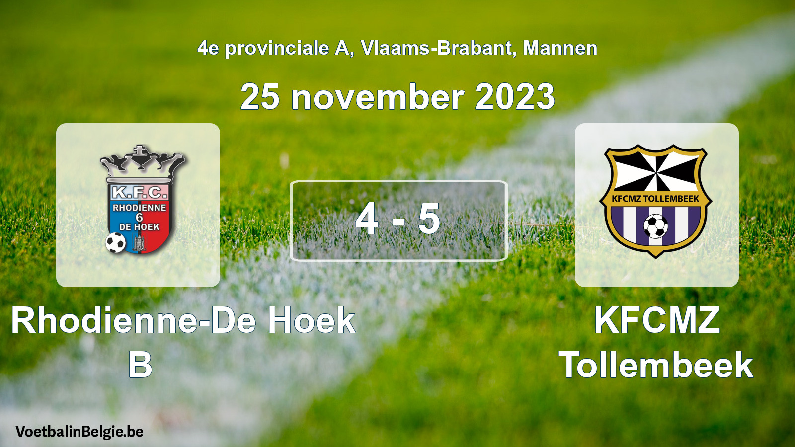 Gespeelde wedstrijd mannenvoetbal: KFC Rhodienne-De Hoek B - KFCMZ Tollembeek 4 - 5 (25 november 2023)