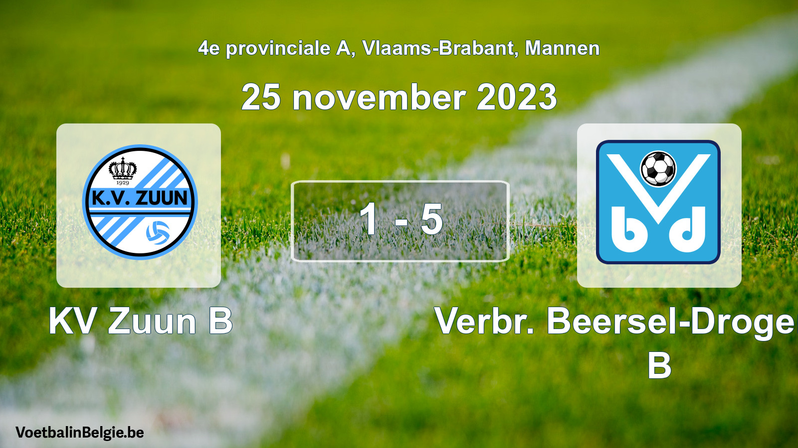 Gespeelde wedstrijd mannenvoetbal: KV Zuun B - Verbr. Beersel-Drogenbos B 1 - 5 (25 november 2023)