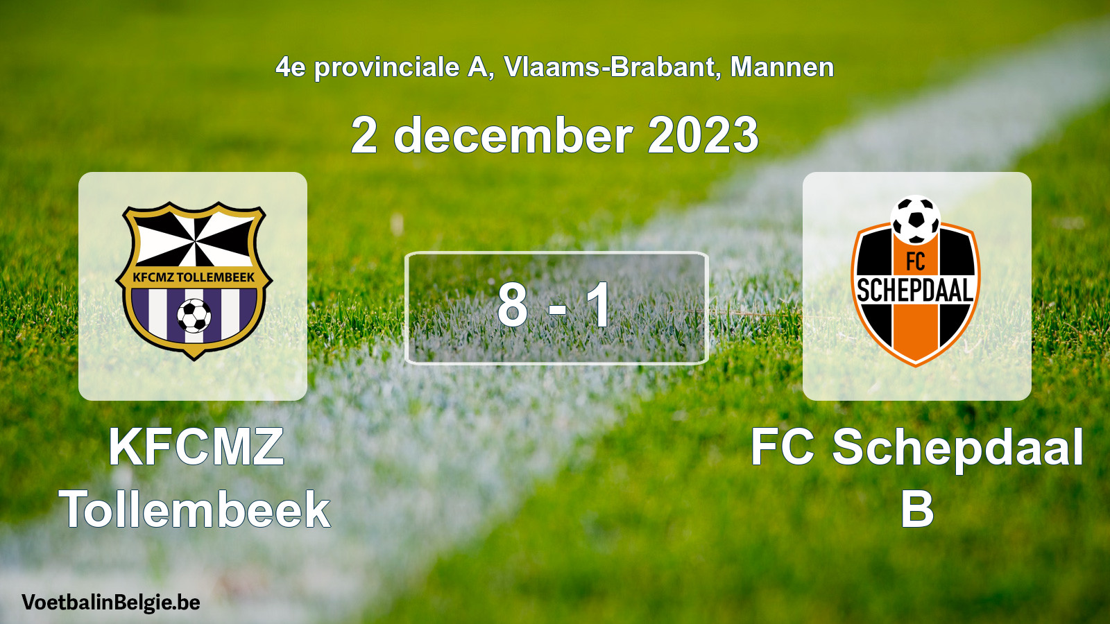 Gespeelde wedstrijd mannenvoetbal: KFCMZ Tollembeek - FC Schepdaal B 8 - 1 (2 december 2023)