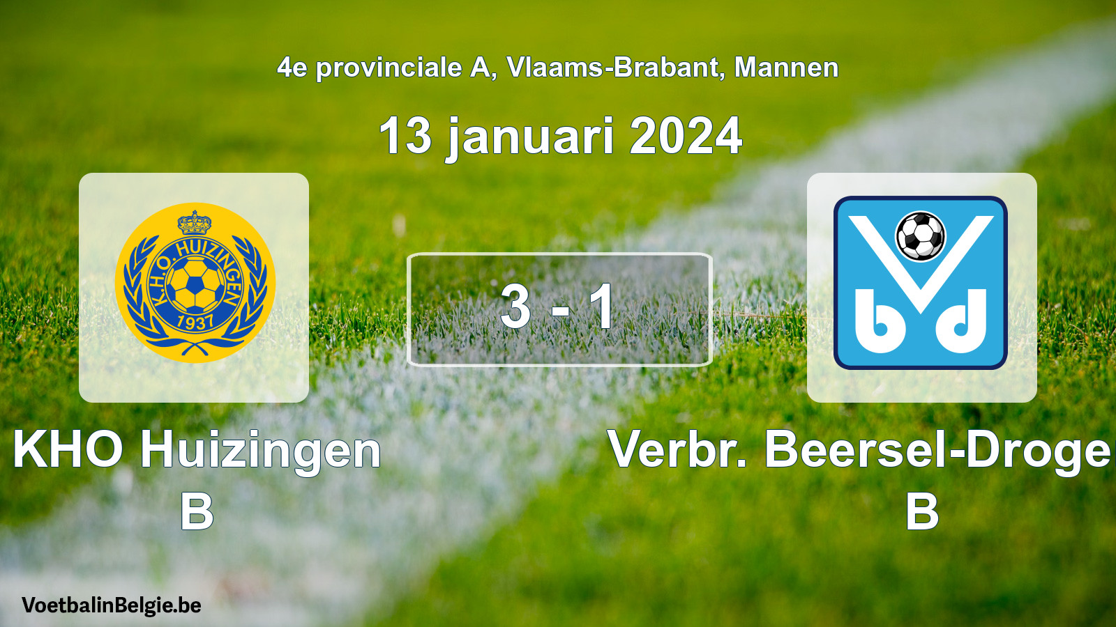 Gespeelde wedstrijd mannenvoetbal: KHO Huizingen B - Verbr. Beersel-Drogenbos B 3 - 1 (13 januari 2024)