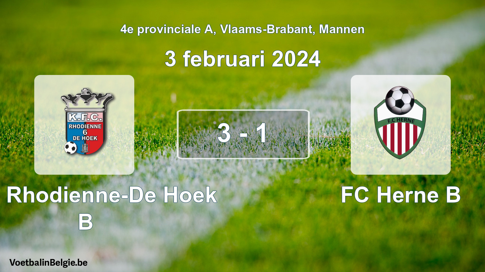 Gespeelde wedstrijd mannenvoetbal: KFC Rhodienne-De Hoek B - FC Herne B 3 - 1 (3 februari 2024)