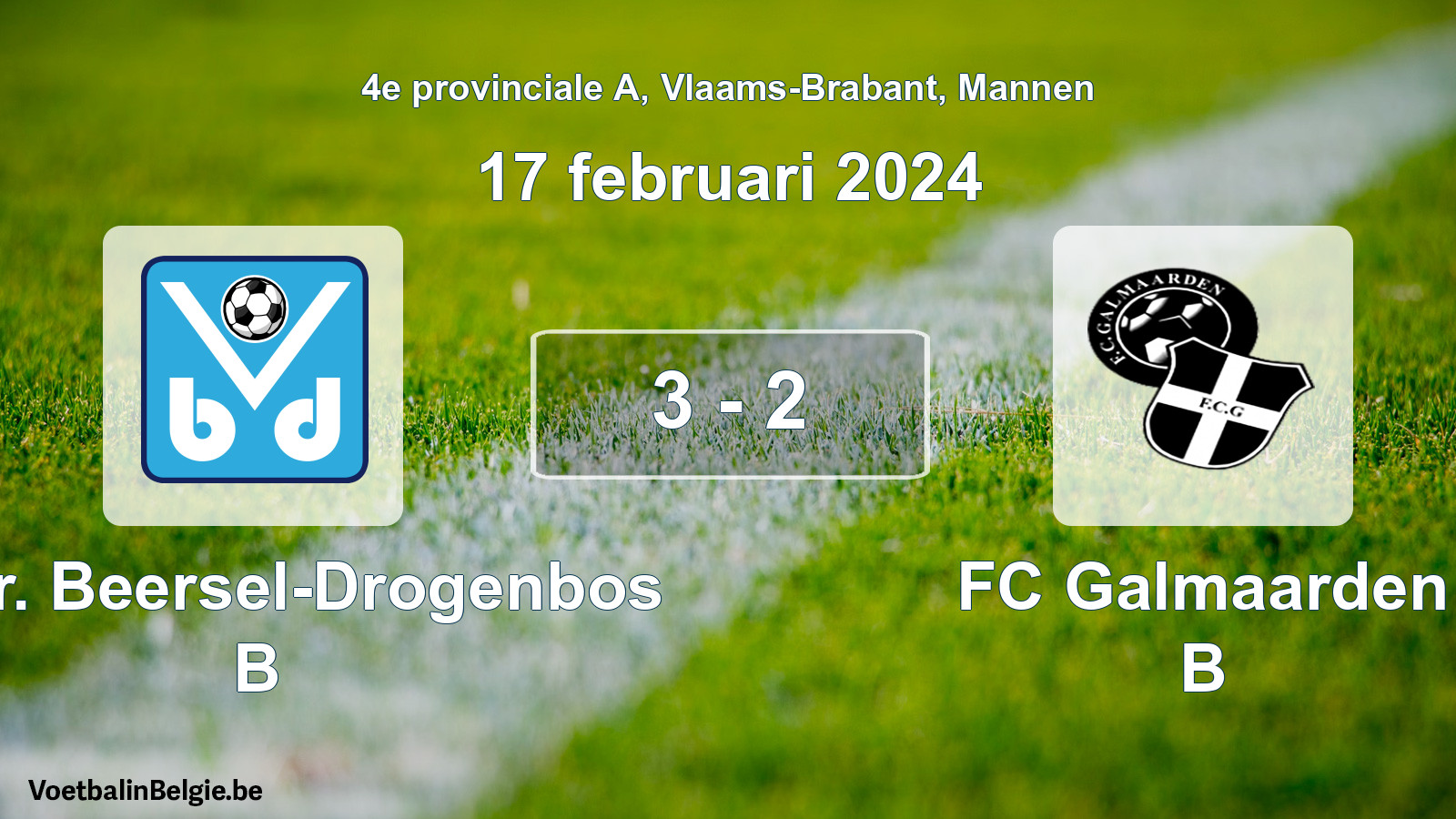 Gespeelde wedstrijd mannenvoetbal: Verbr. Beersel-Drogenbos B - FC Galmaarden B 3 - 2 (17 februari 2024)