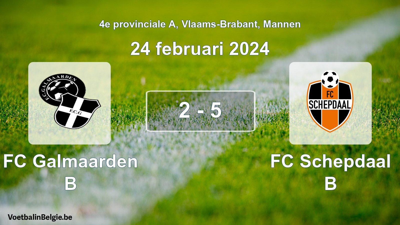 Gespeelde wedstrijd mannenvoetbal: FC Galmaarden B - FC Schepdaal B 2 - 5 (24 februari 2024)