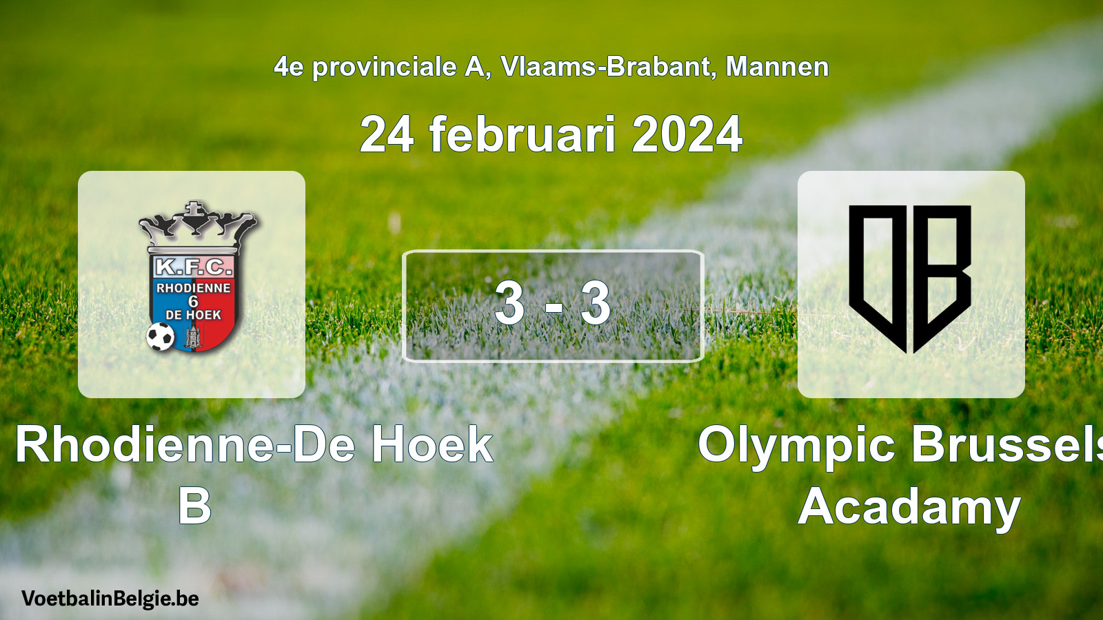 Gespeelde wedstrijd mannenvoetbal: KFC Rhodienne-De Hoek B - Olympic Brussels Acadamy 3 - 3 (24 februari 2024)