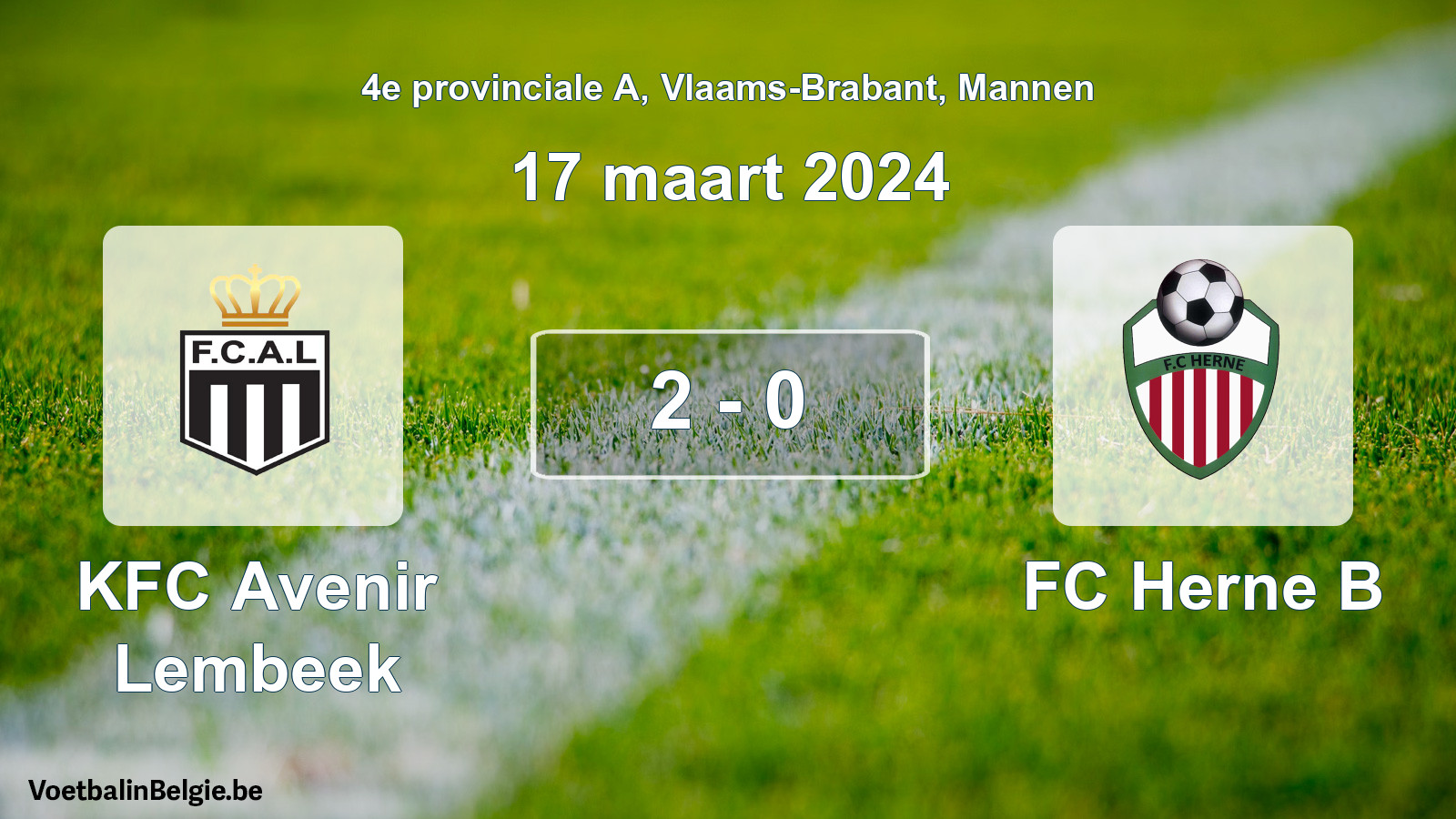Gespeelde wedstrijd mannenvoetbal: KFC Avenir Lembeek - FC Herne B 2 - 0 (17 maart 2024)