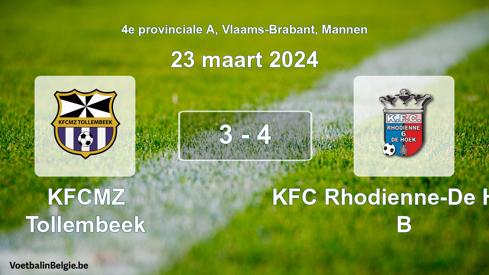 Gespeelde wedstrijd mannenvoetbal: KFCMZ Tollembeek - KFC Rhodienne-De Hoek B 3 - 4 (23 maart 2024)