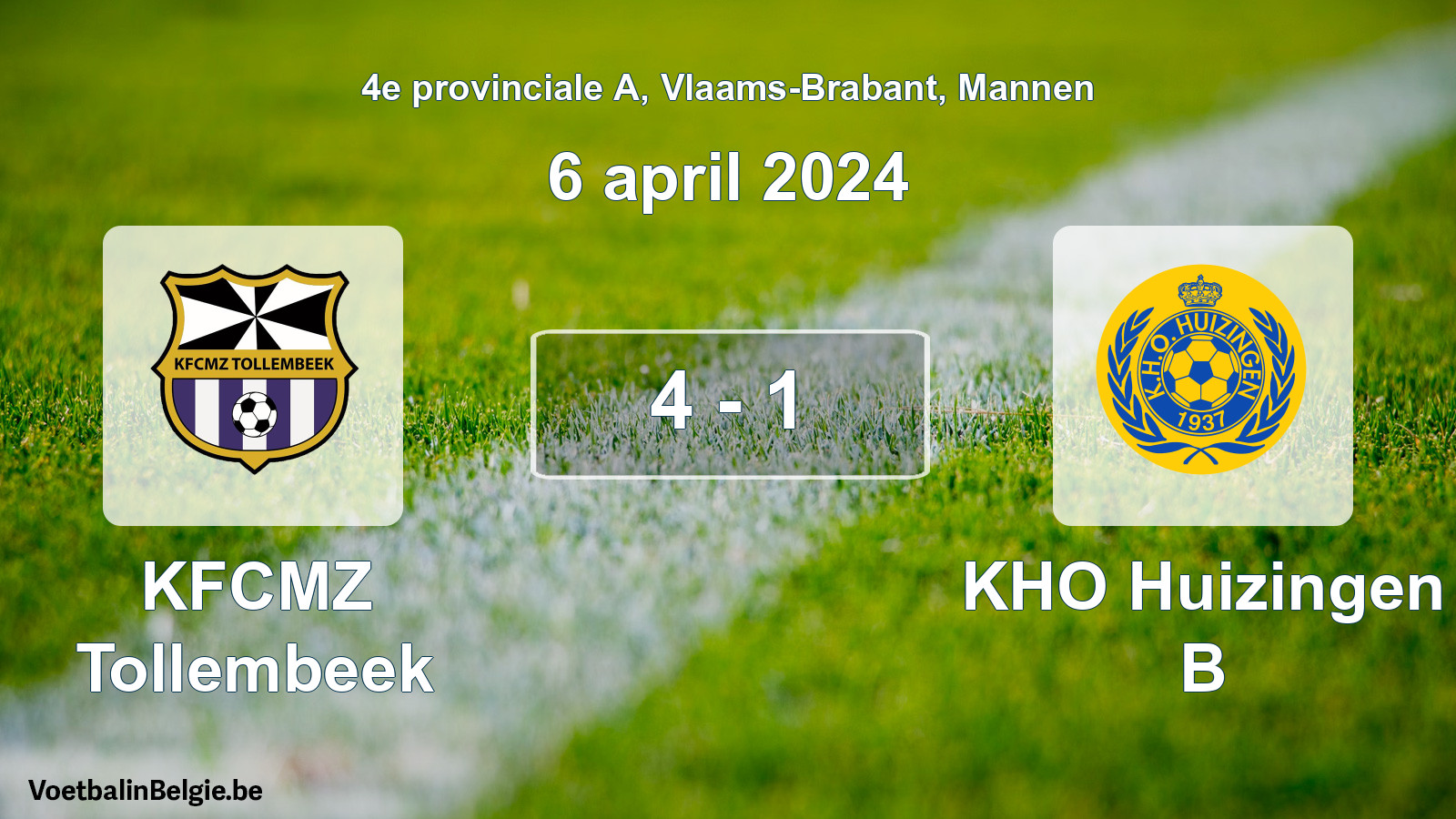 Gespeelde wedstrijd mannenvoetbal: KFCMZ Tollembeek - KHO Huizingen B 4 - 1 (6 april 2024)