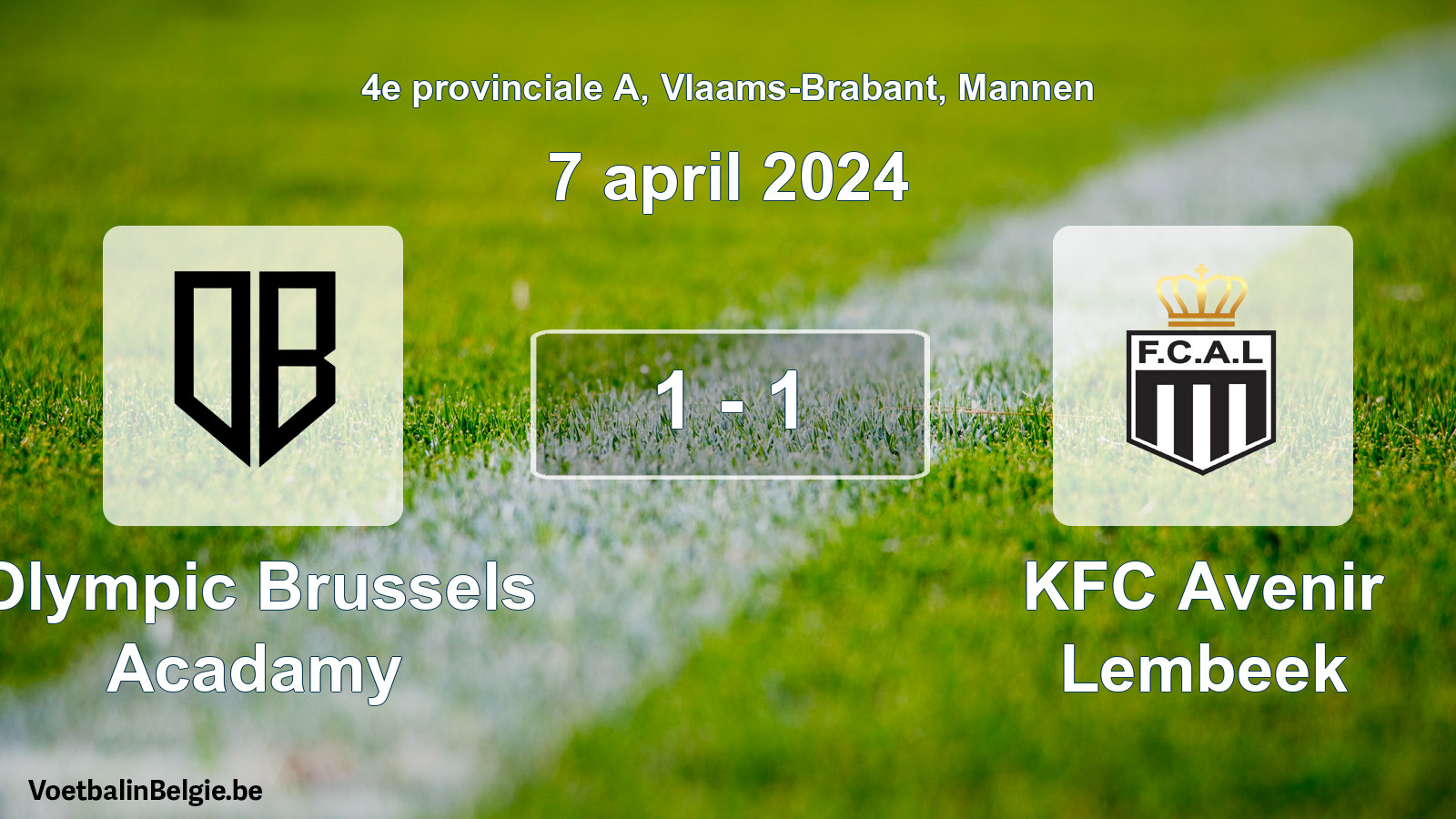 Gespeelde wedstrijd mannenvoetbal: Olympic Brussels Acadamy - KFC Avenir Lembeek 1 - 1 (7 april 2024)