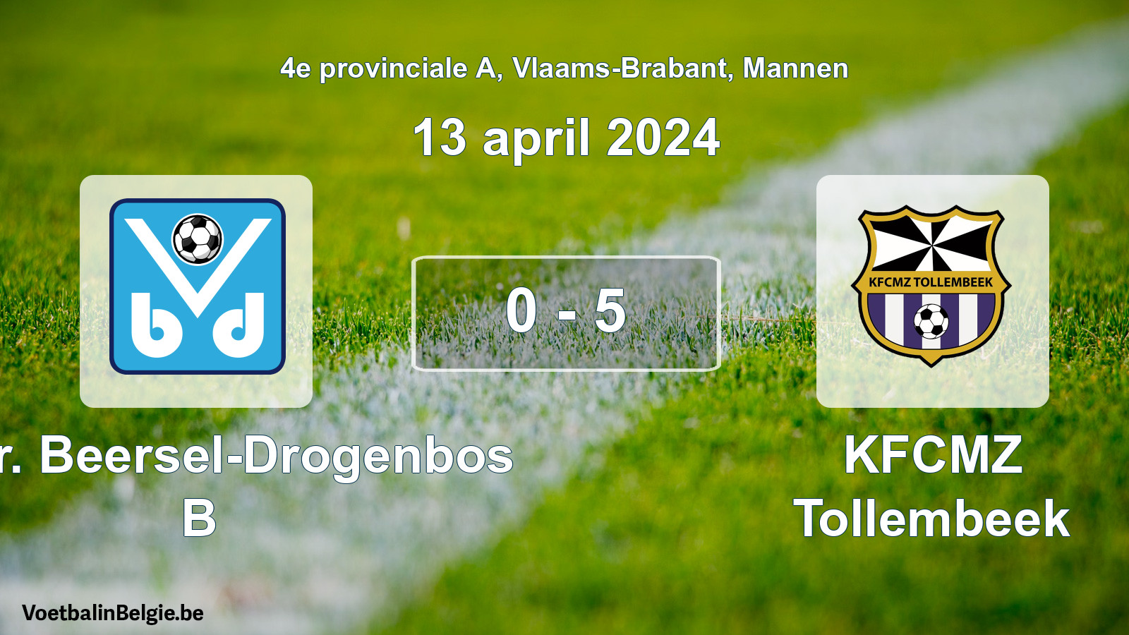 Gespeelde wedstrijd mannenvoetbal: Verbr. Beersel-Drogenbos B - KFCMZ Tollembeek 0 - 5 (13 april 2024)