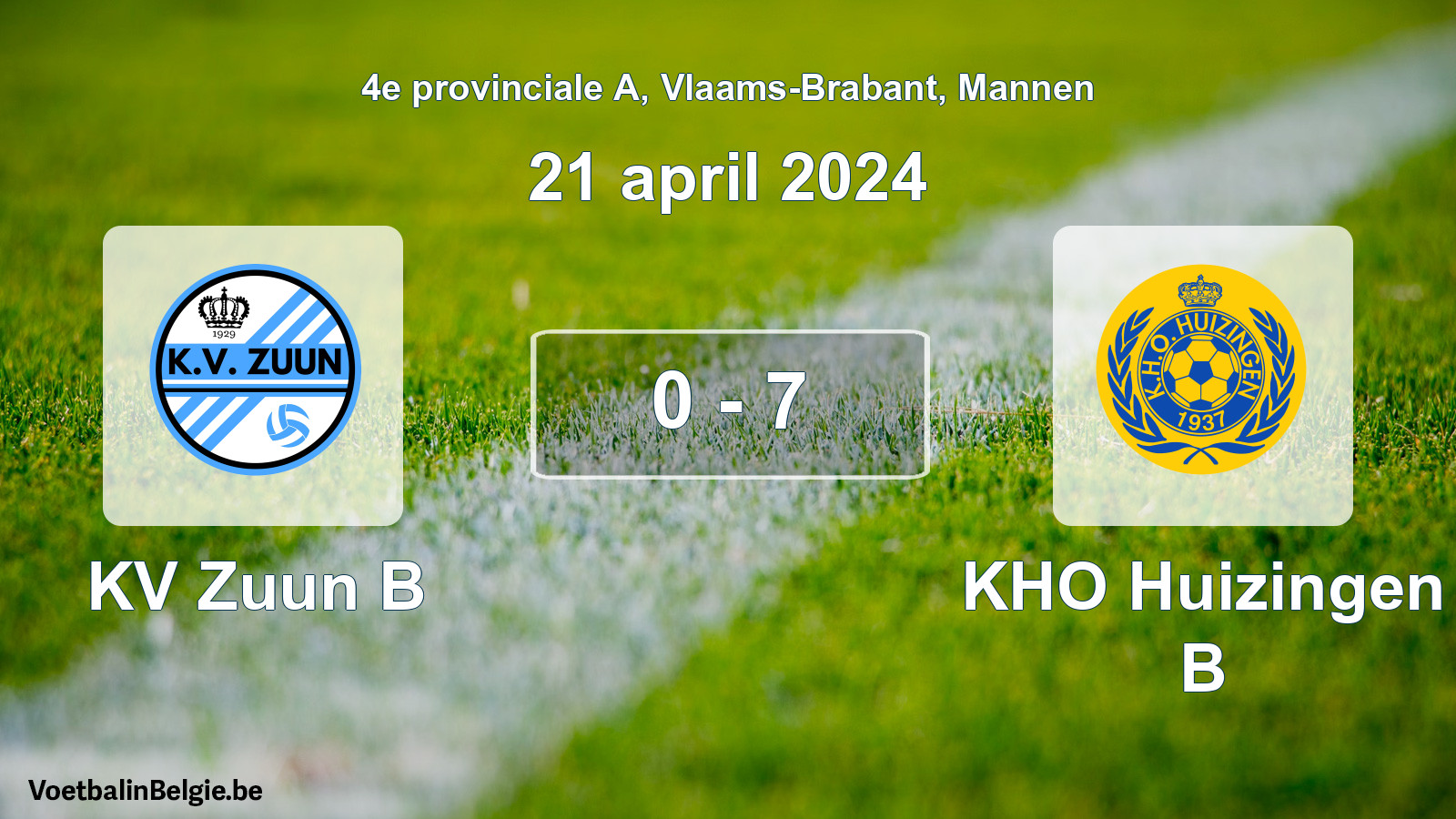 Gespeelde wedstrijd mannenvoetbal: KV Zuun B - KHO Huizingen B 0 - 7 (21 april 2024)