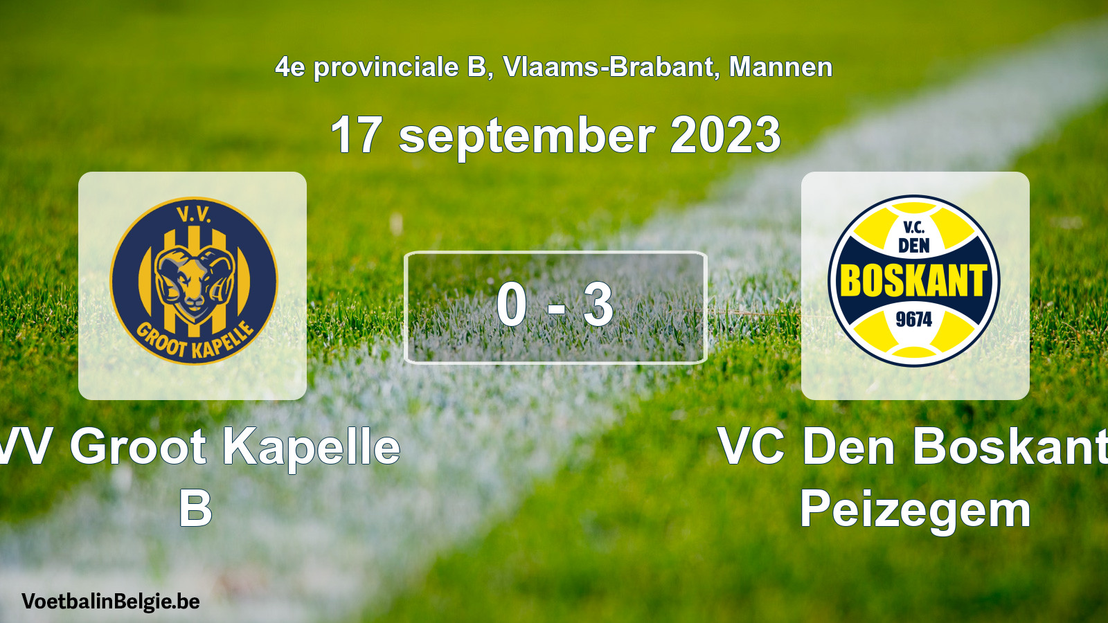 Gespeelde wedstrijd mannenvoetbal: VV Groot Kapelle B - VC Den Boskant Peizegem 0 - 3 (17 september 2023)