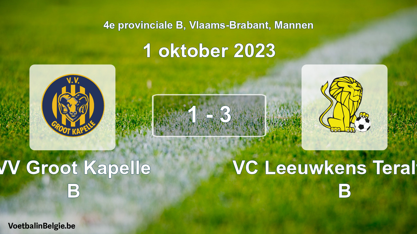 Gespeelde wedstrijd mannenvoetbal: VV Groot Kapelle B - VC Leeuwkens Teralfene B 1 - 3 (1 oktober 2023)
