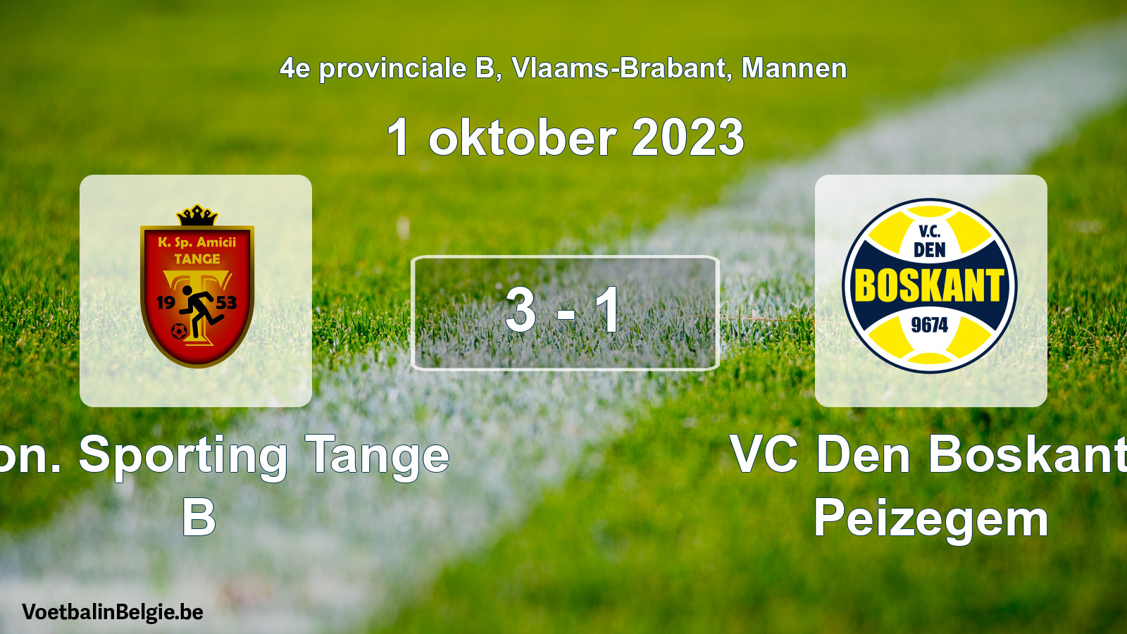 Gespeelde wedstrijd mannenvoetbal: Kon. Sporting Tange B - VC Den Boskant Peizegem 3 - 1 (1 oktober 2023)