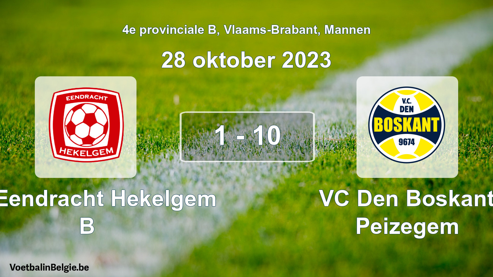 Gespeelde wedstrijd mannenvoetbal: FC Eendracht Hekelgem B - VC Den Boskant Peizegem 1 - 10 (28 oktober 2023)