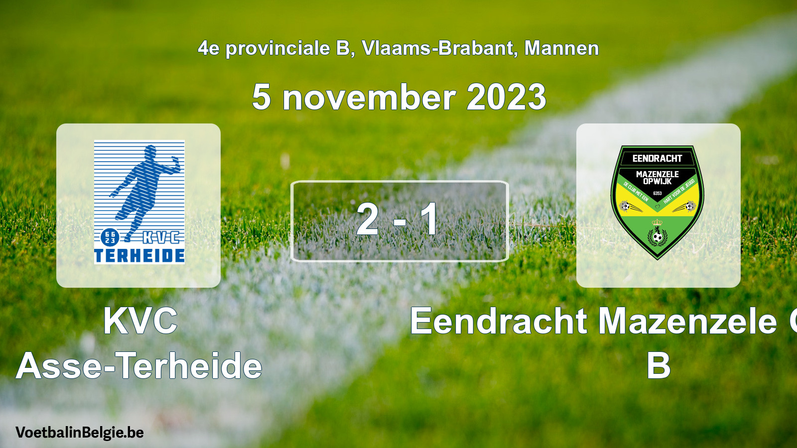 Gespeelde wedstrijd mannenvoetbal: KVC Asse-Terheide - Eendracht Mazenzele Opwijk B 2 - 1 (5 november 2023)