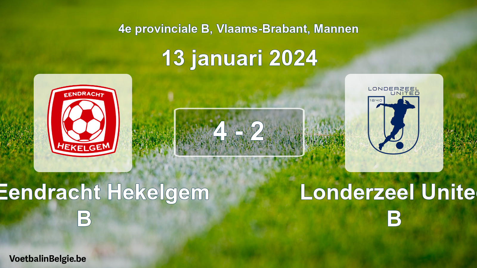 Gespeelde wedstrijd mannenvoetbal: FC Eendracht Hekelgem B - Londerzeel United B 4 - 2 (13 januari 2024)