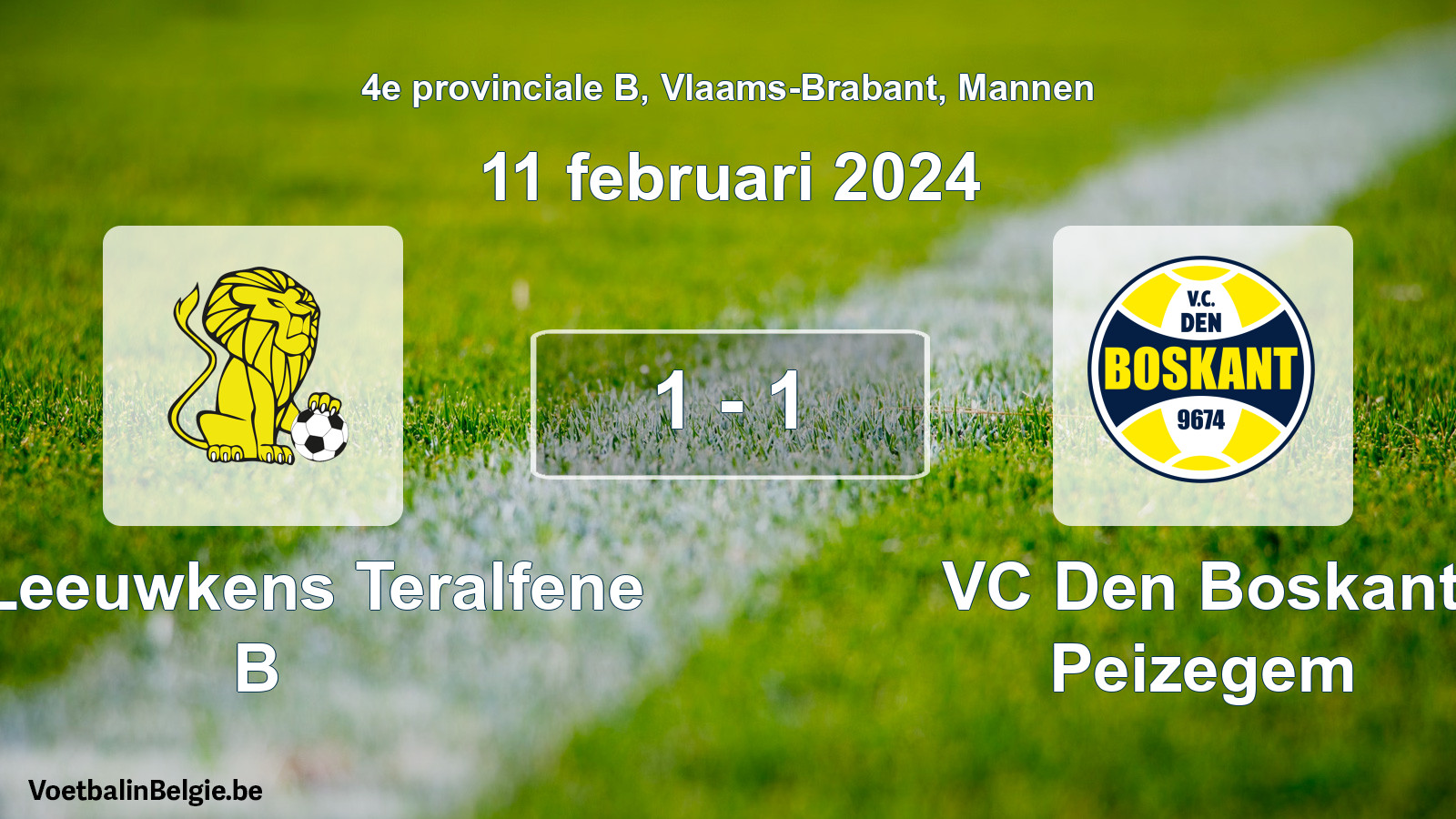 Gespeelde wedstrijd mannenvoetbal: VC Leeuwkens Teralfene B - VC Den Boskant Peizegem 1 - 1 (11 februari 2024)