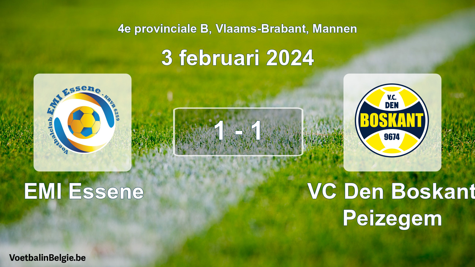 Gespeelde wedstrijd mannenvoetbal: EMI Essene - VC Den Boskant Peizegem 1 - 1 (3 februari 2024)