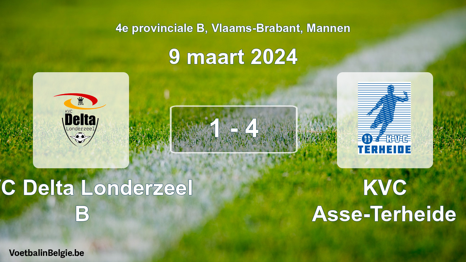 Gespeelde wedstrijd mannenvoetbal: KVC Delta Londerzeel B - KVC Asse-Terheide 1 - 4 (9 maart 2024)
