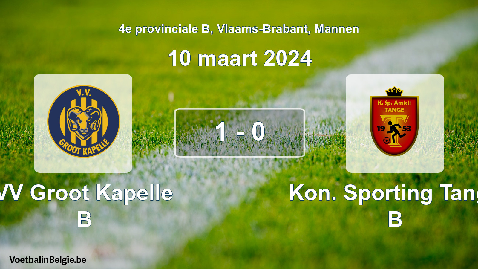 Gespeelde wedstrijd mannenvoetbal: VV Groot Kapelle B - Kon. Sporting Tange B 1 - 0 (10 maart 2024)