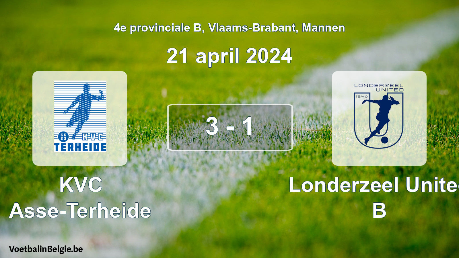 Gespeelde wedstrijd mannenvoetbal: KVC Asse-Terheide - Londerzeel United B 3 - 1 (21 april 2024)