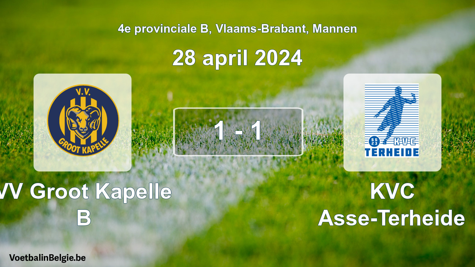 Gespeelde wedstrijd mannenvoetbal: VV Groot Kapelle B - KVC Asse-Terheide 1 - 1 (28 april 2024)