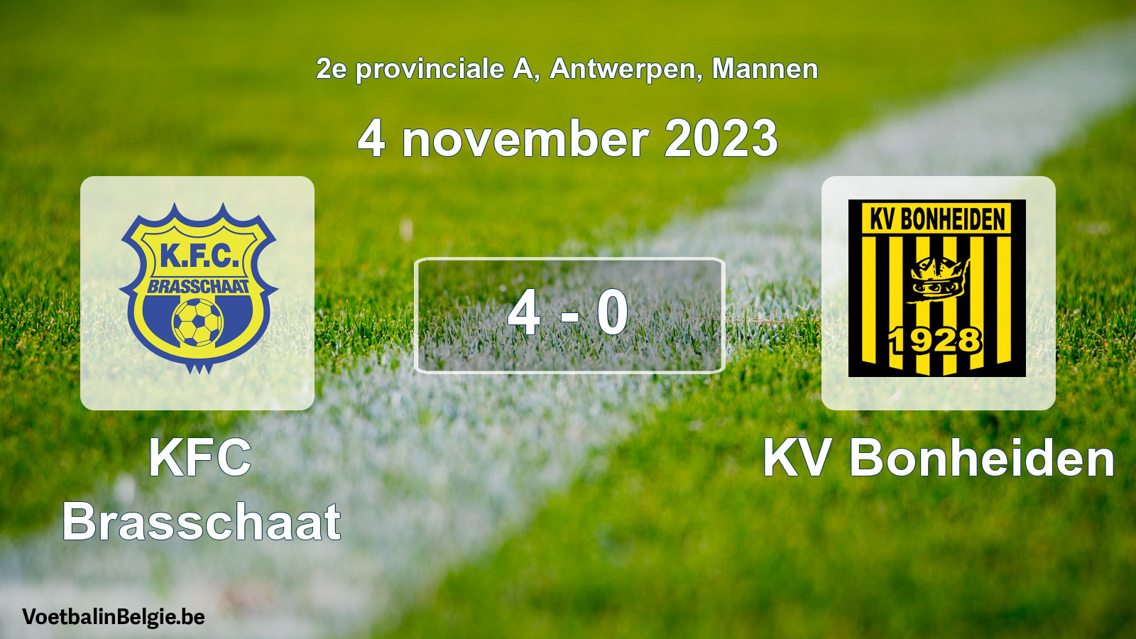 Gespeelde wedstrijd mannenvoetbal: KFC Brasschaat - KV Bonheiden 4 - 0 (4 november 2023)