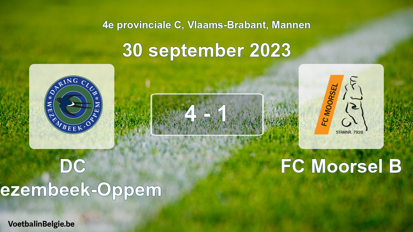 Gespeelde wedstrijd mannenvoetbal: DC Wezembeek-Oppem - FC Moorsel B 4 - 1 (30 september 2023)
