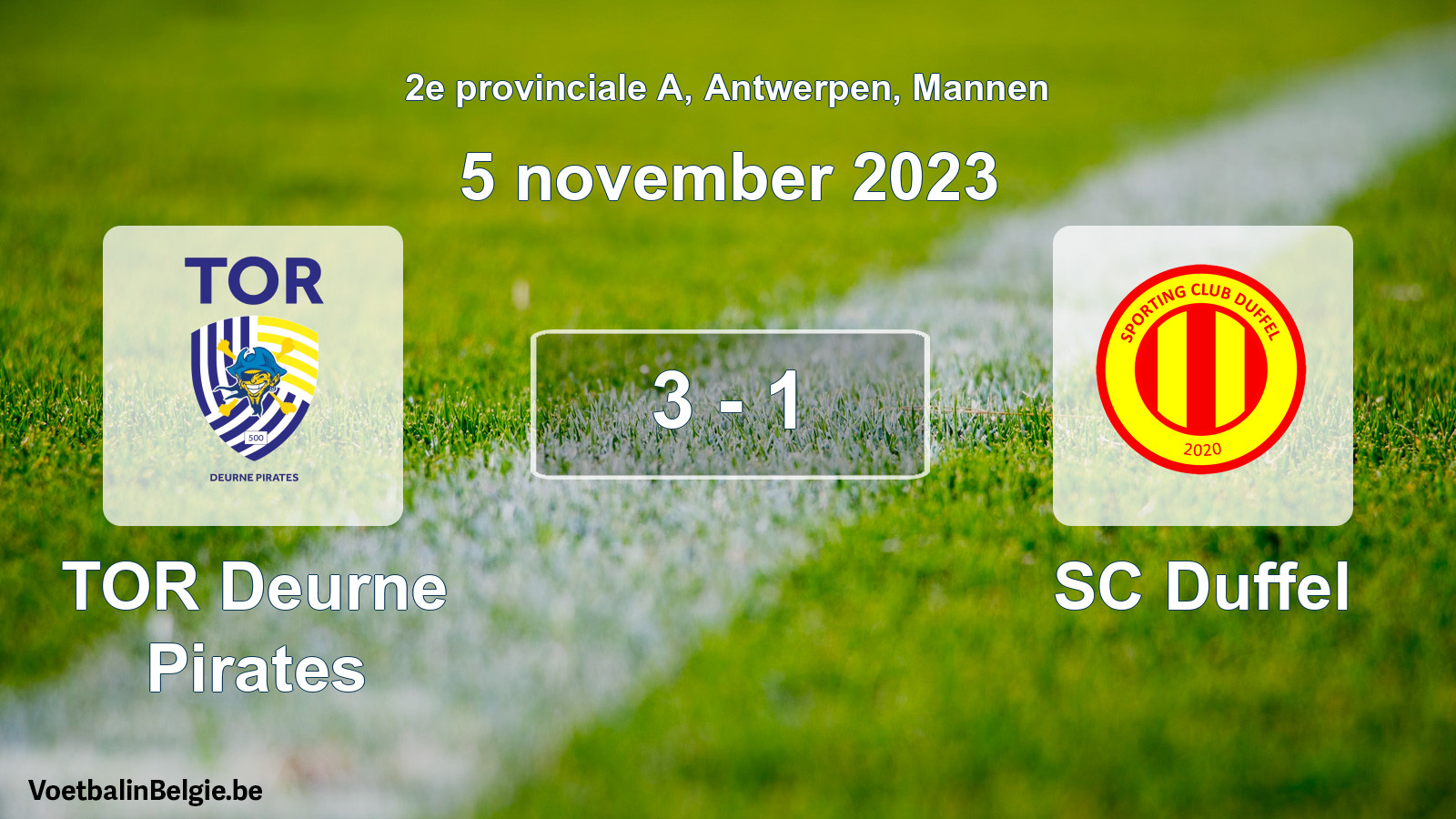 Gespeelde wedstrijd mannenvoetbal: TOR Deurne Pirates - SC Duffel 3 - 1 (5 november 2023)